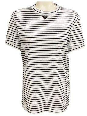 PRADA WHITE / NAVY TRIANGLE LOGO PLAQUE STRIPED COTTON T-SHIRT TOP